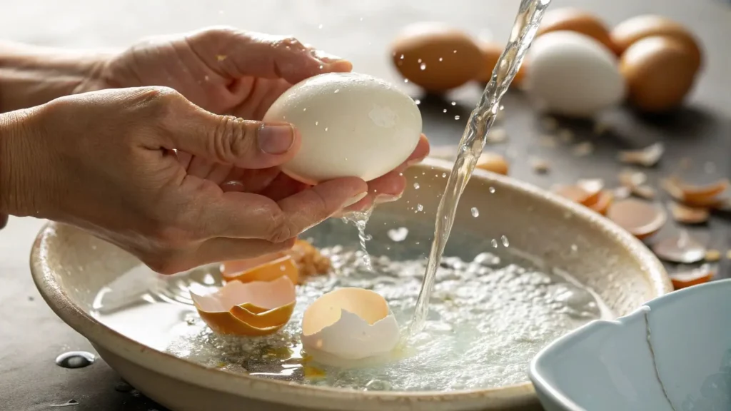 Hands peeling a soft-boiled egg under running water.