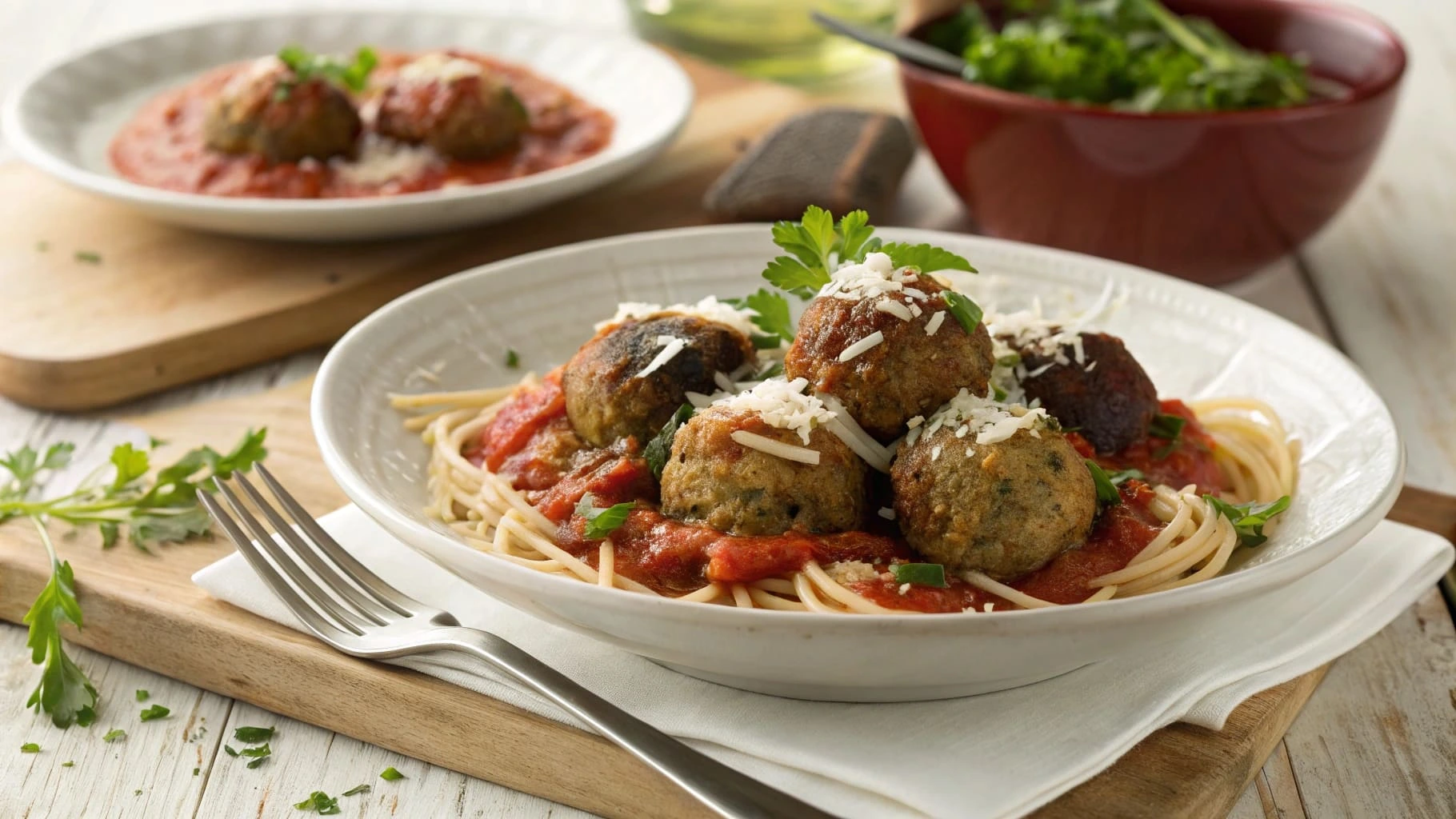 Plate of eggplant meatballs with marinara sauce and Parmesan