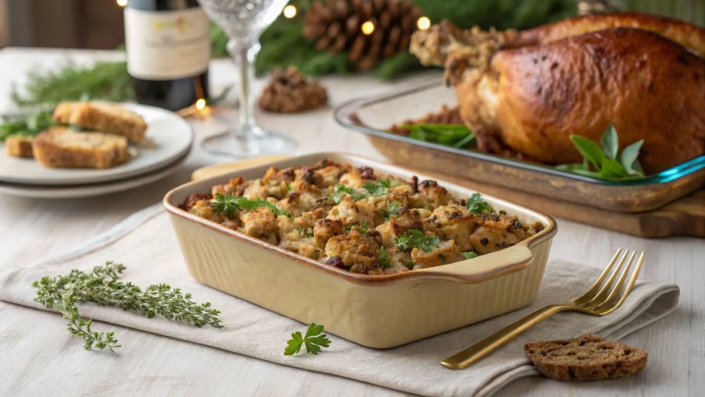 French Meat Stuffing served in a rustic dish with festive decor.