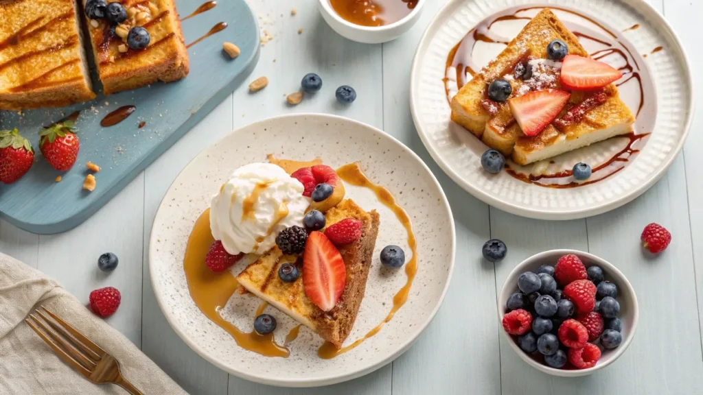 French Toast Casserole slices with diverse toppings like syrup and berries