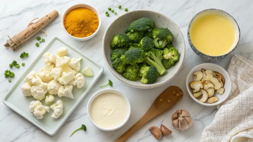 Ingredients for Creamy Curry Cauliflower and Broccoli Soup.