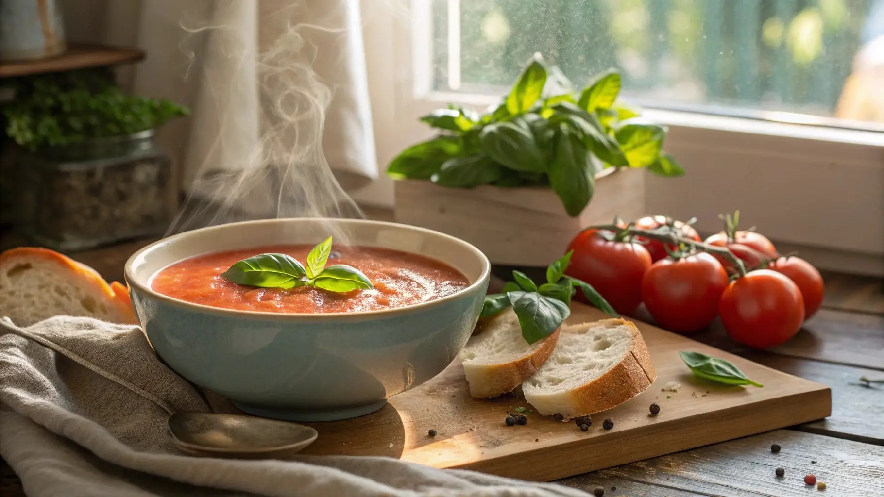 A steaming bowl of fresh tomato soup with basil and bread.