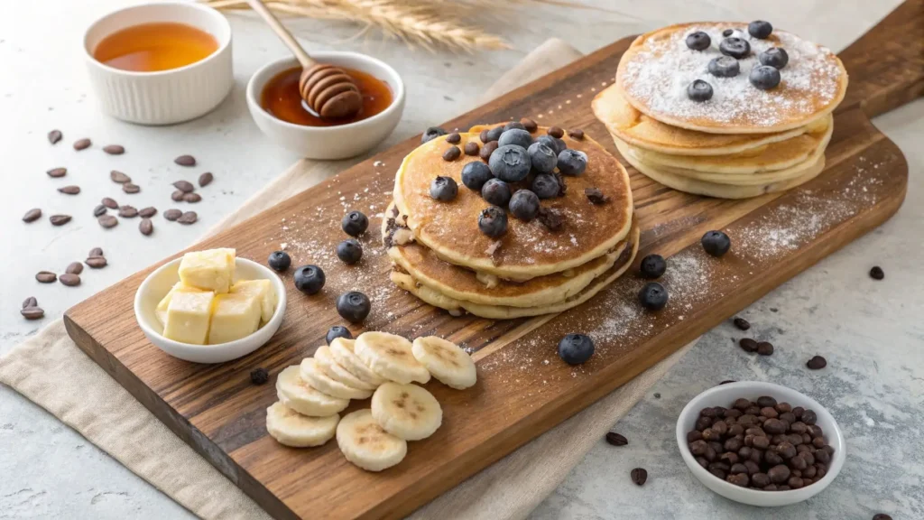 Different pancake variations with blueberries, chocolate chips, and bananas.