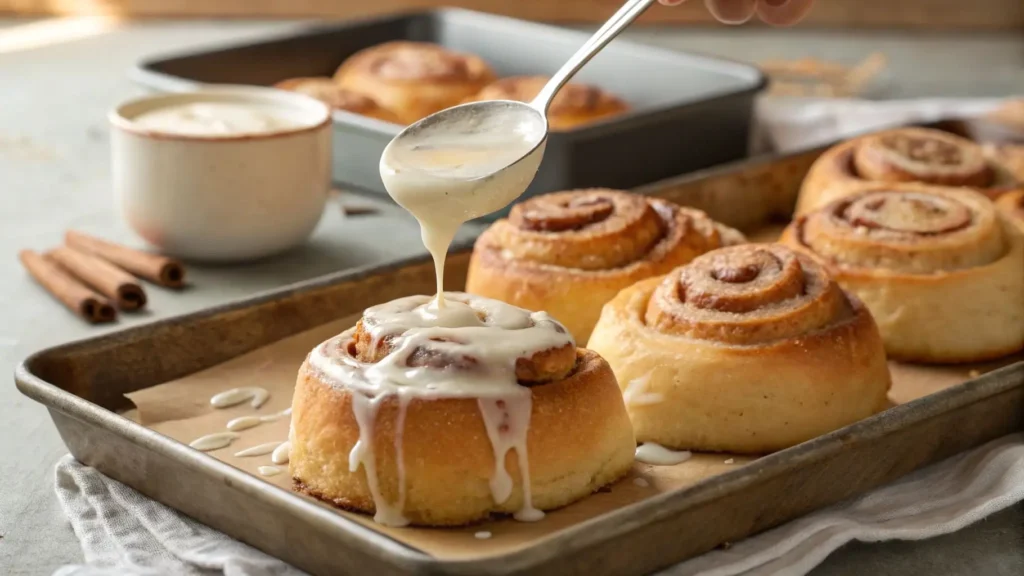 Creamy glaze being drizzled over warm, fresh cinnamon buns.