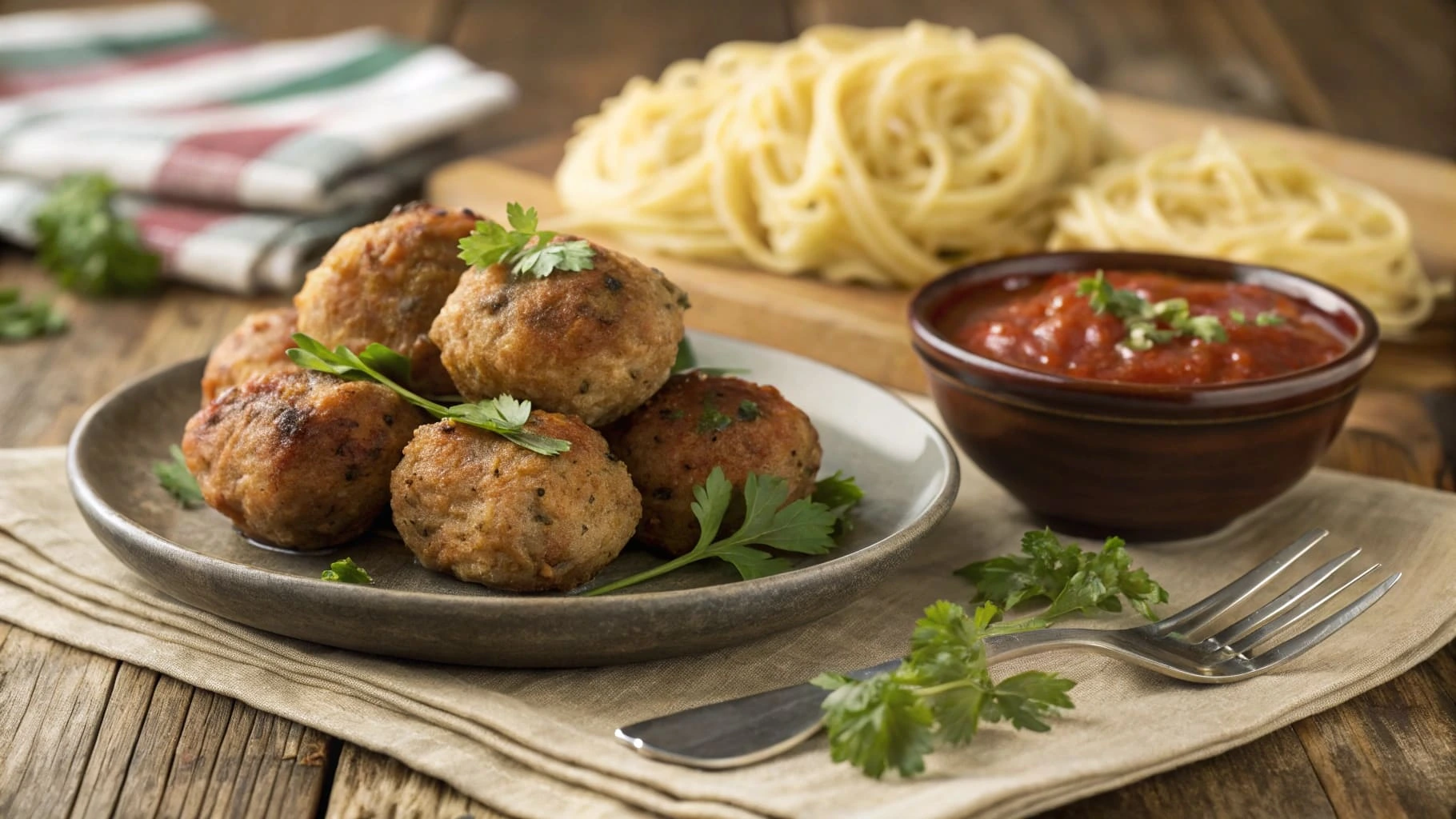 Gluten-free meatballs with marinara sauce on a wooden table