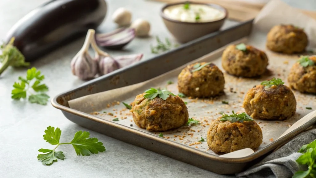 Baked eggplant meatballs garnished with parsley.
