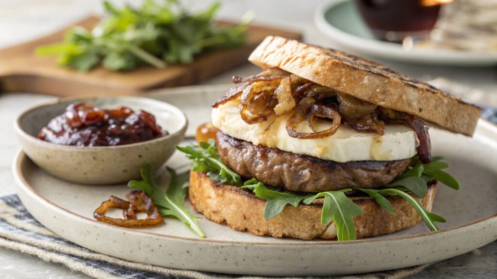 Gourmet Grilled Cheese Burger with brie, caramelized onions, and arugula.