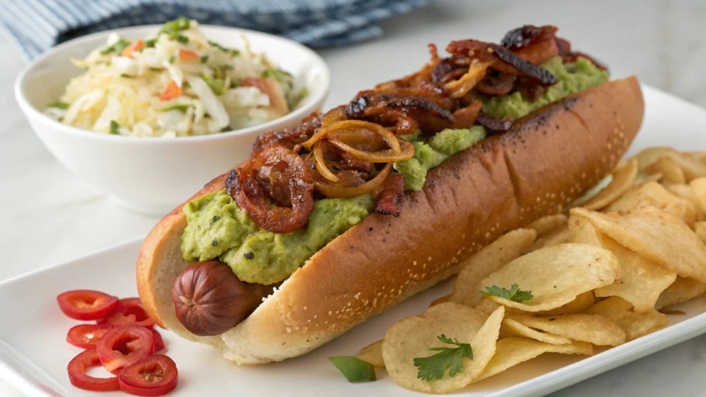 Gourmet hot dog with caramelized onions and guacamole.