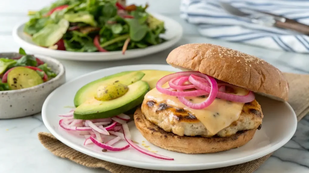 Grilled chicken burger with cheese, avocado, and pickled onions.