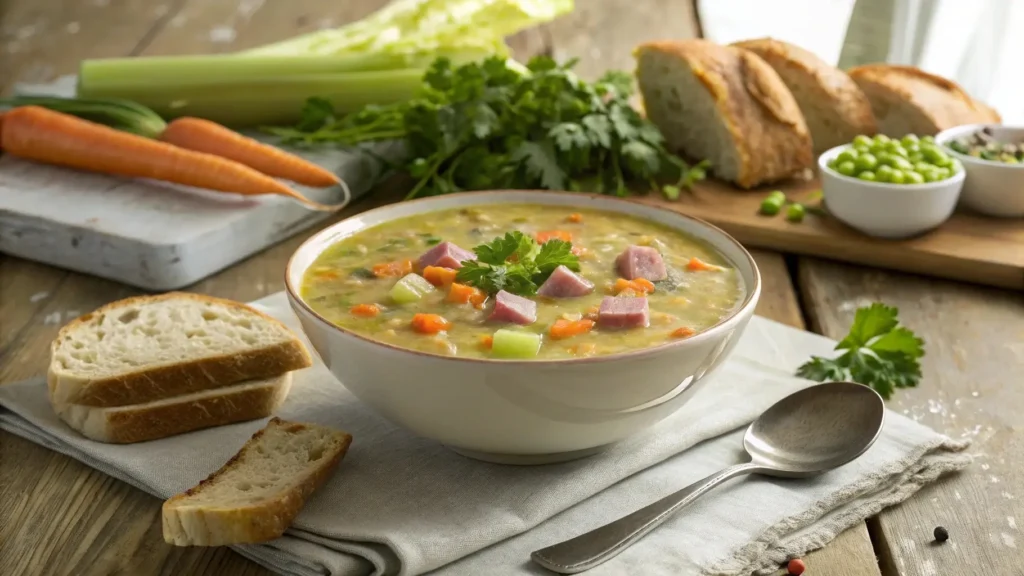 A bowl of ham and split pea soup garnished with parsley on a rustic table.