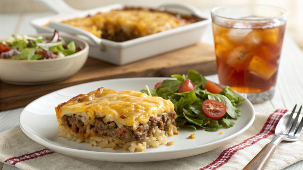 A slice of Hamburger Rice Casserole with a side salad.