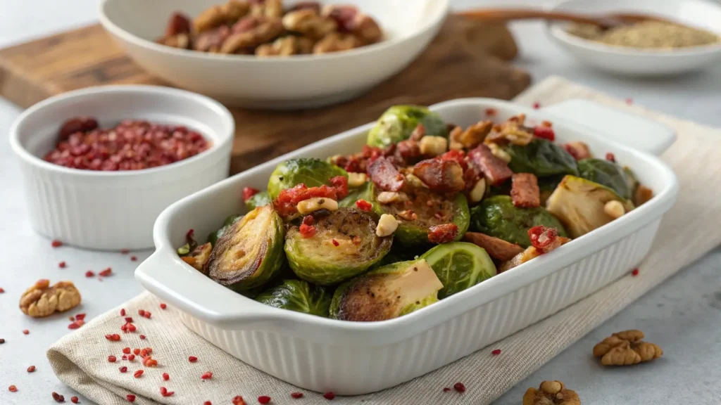 Finished dish of honey-glazed roasted Brussels sprouts with bacon, garnished with red pepper flakes and walnuts.