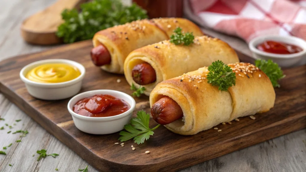 Freshly baked Hotdog Roll-Ups on a wooden board with sauces