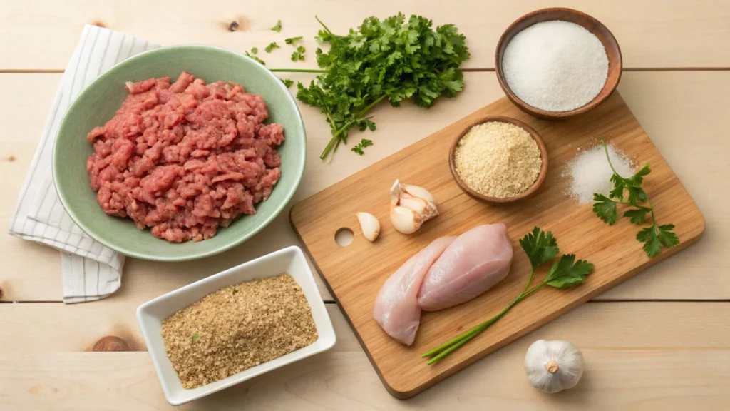 Ingredients for French Meat Stuffing displayed on a wooden countertop.