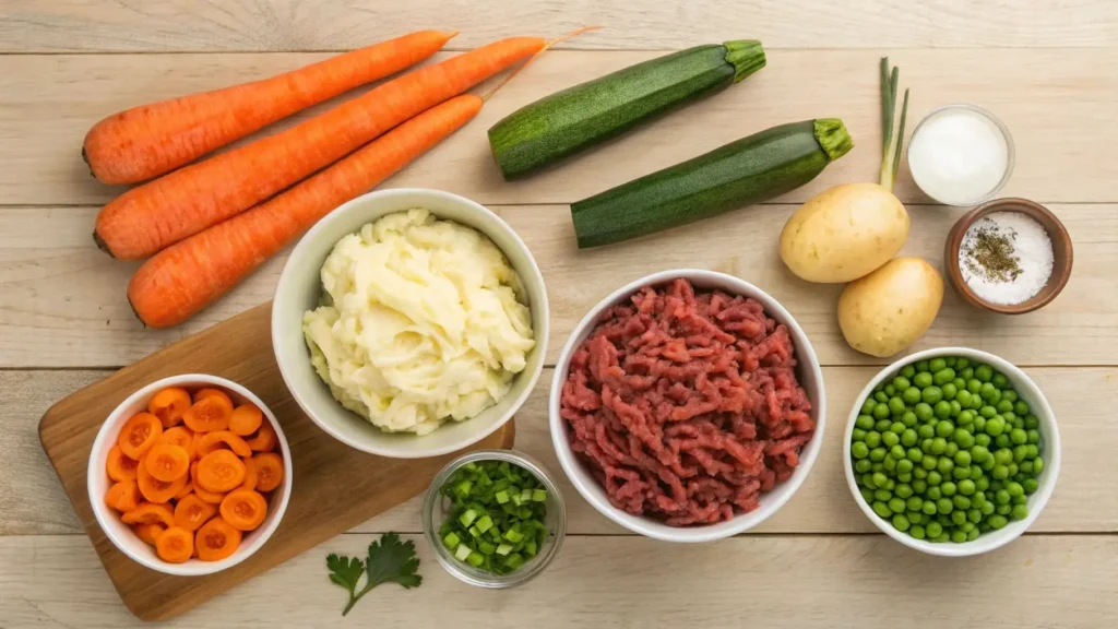 Ingredients for Vegetable Beef Shepherd’s Pie arranged on a wooden countertop.