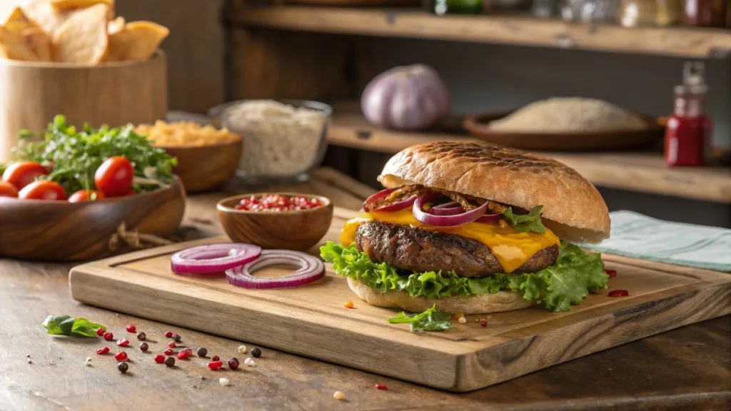 Perfectly grilled juicy burger patty with toppings.