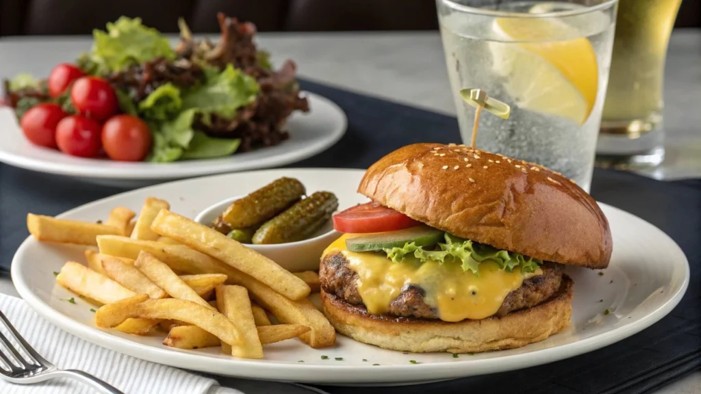 Juicy burger patty served with fries.