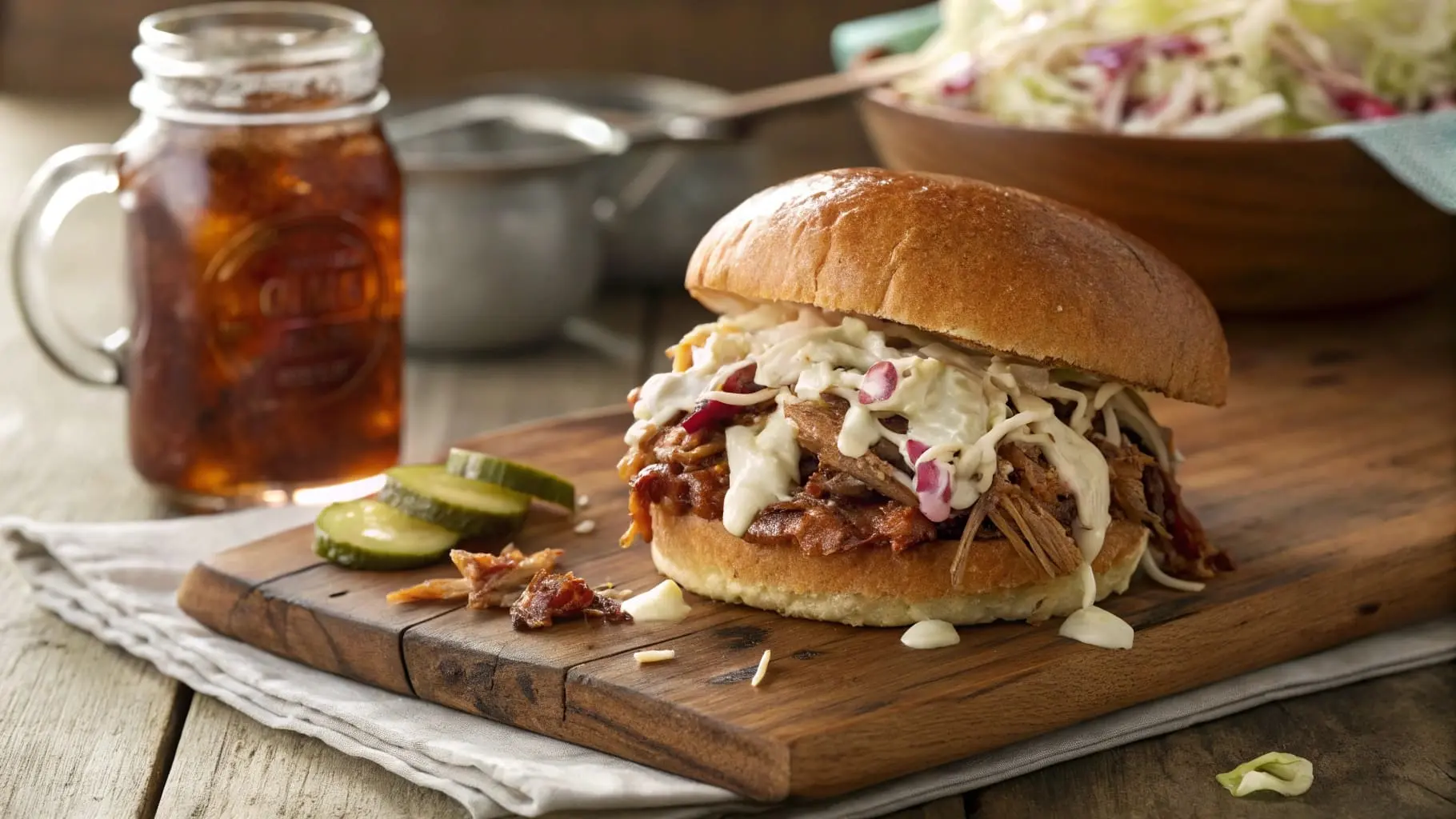 Pulled Pork Sandwich with White Barbecue Sauce and Coleslaw