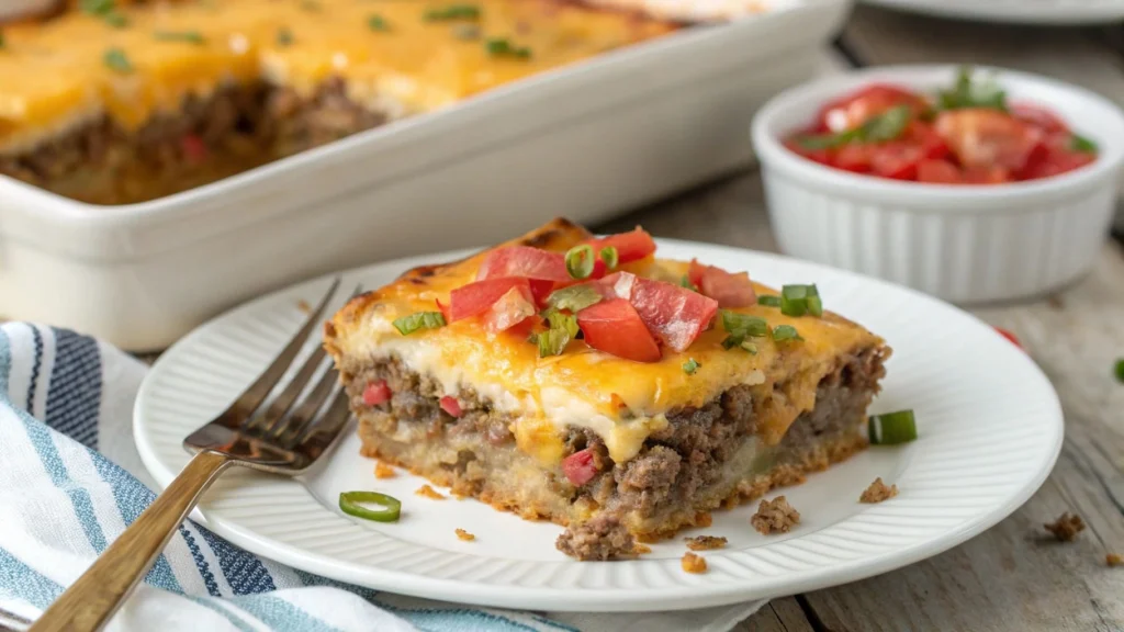 Slice of Keto Cheeseburger Casserole on a plate