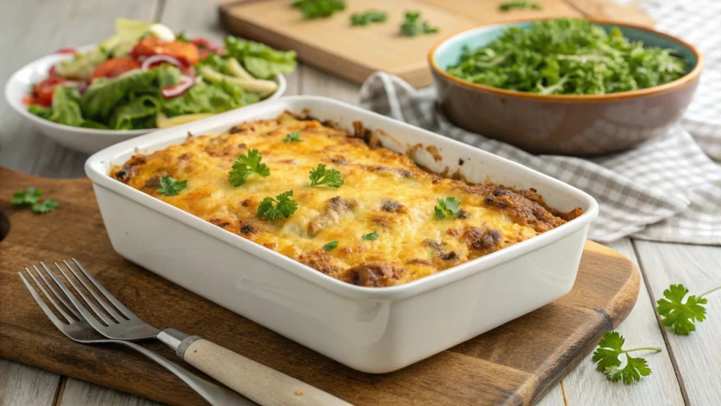 Golden and creamy Keto Cheeseburger Casserole in a dish