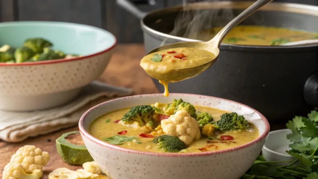 Ladle pouring Creamy Curry Cauliflower and Broccoli Soup into a bowl.