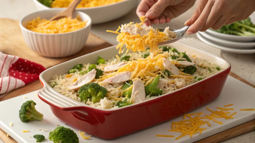 Layering ingredients for Broccoli, Rice, Cheese, and Chicken Casserole