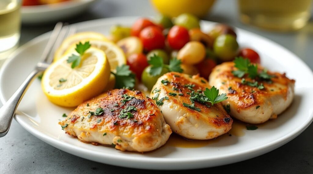 Lemon chicken with lemon slices and roasted vegetables.
