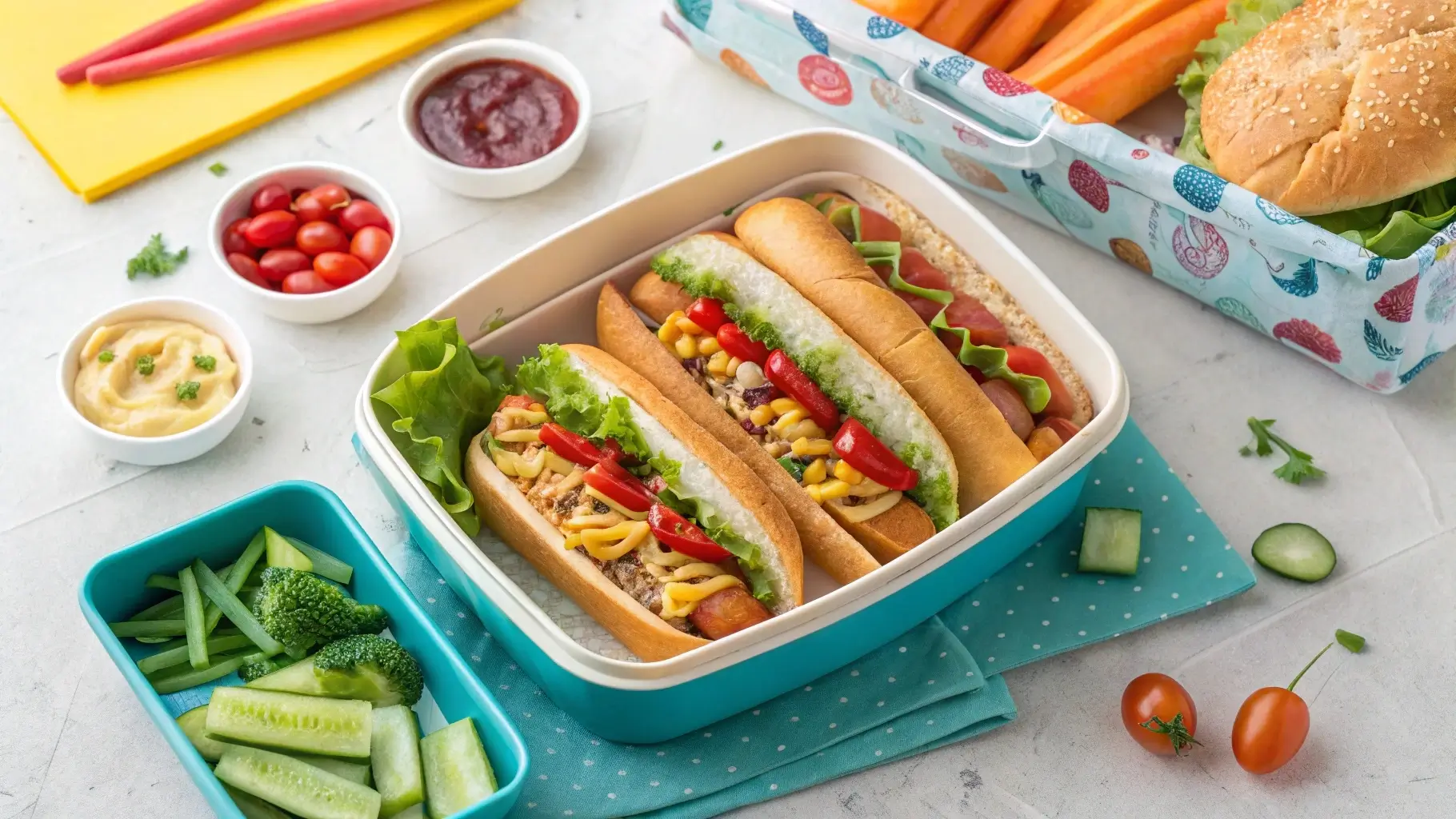 Packed lunch box with hot dogs, fresh veggies, and condiments.