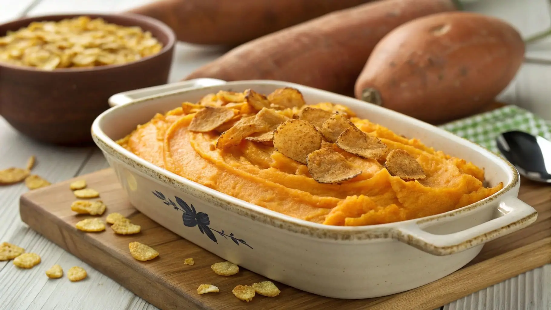 Mashed sweet potatoes with a crispy corn flake topping.