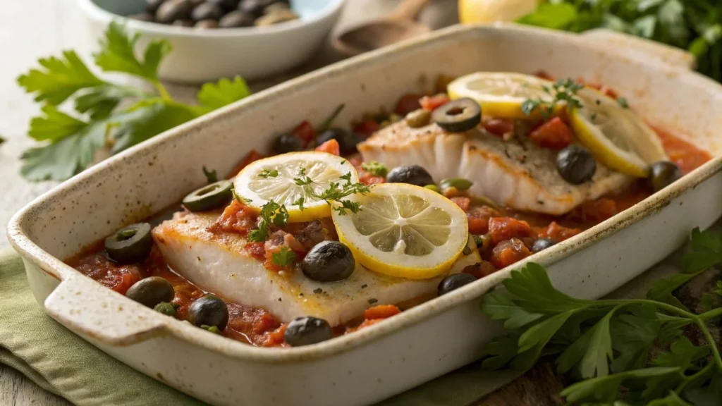 Mediterranean one-dish rockfish with olives and lemon slices