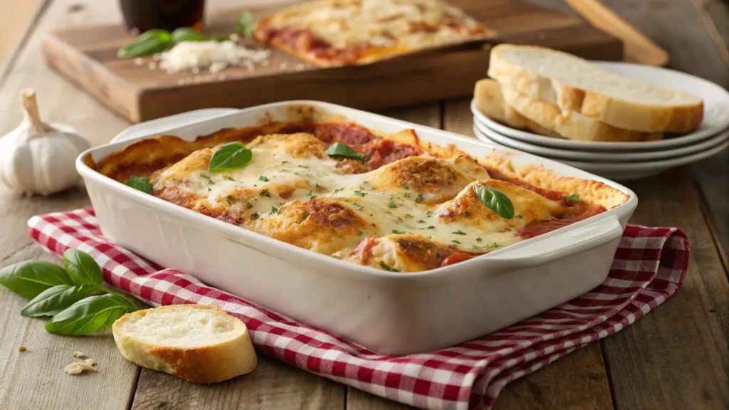 Million Dollar Ravioli Casserole with golden-brown melted cheese and basil