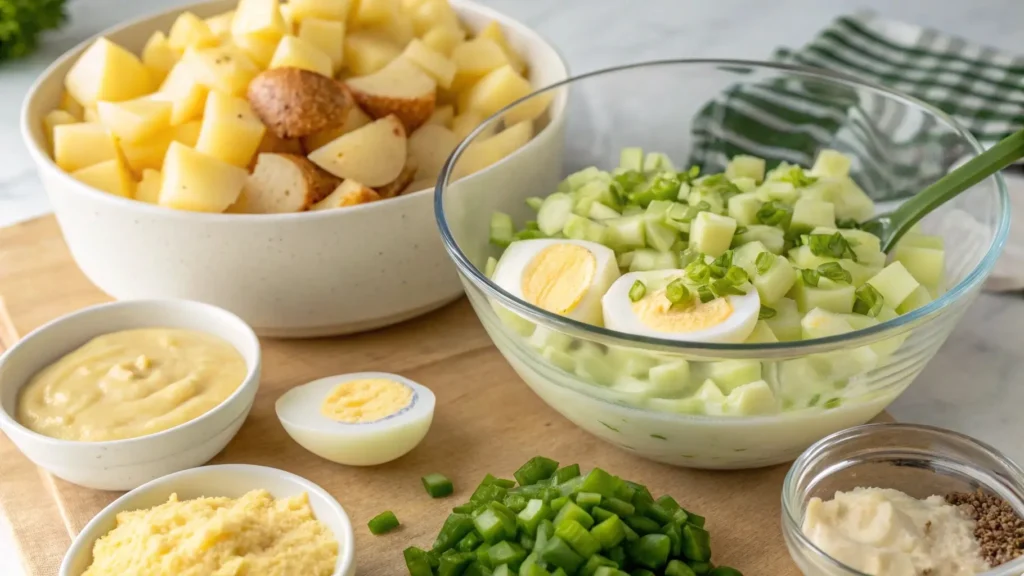 Ingredients for old-fashioned potato salad being mixed in a glass bowl.