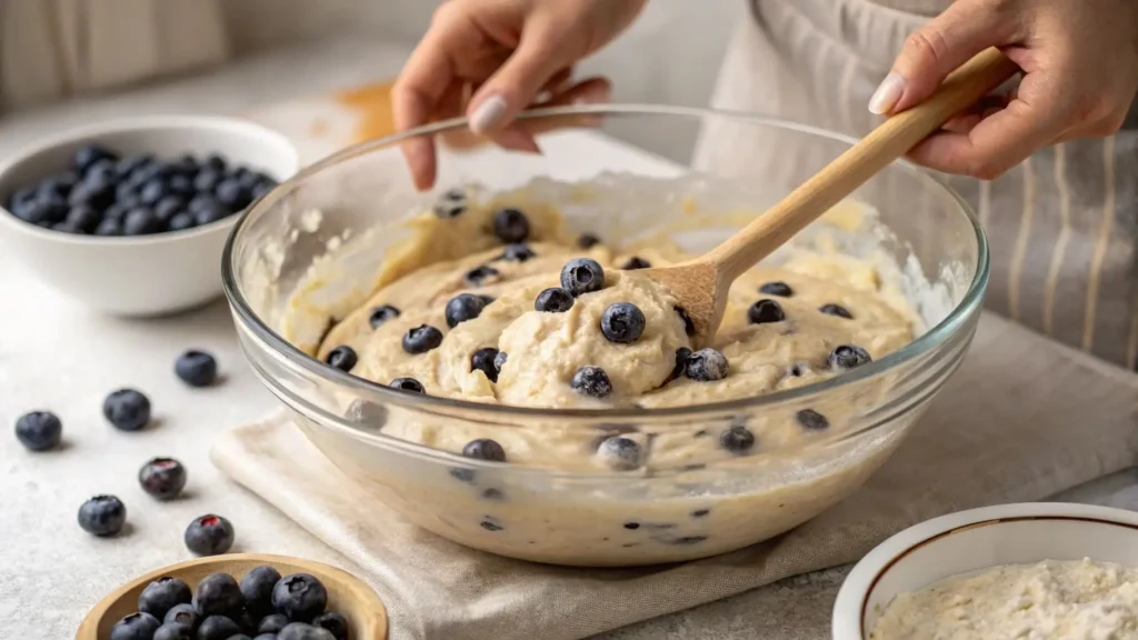 Hands mixing blueberry muffin batter with a wooden spoon
