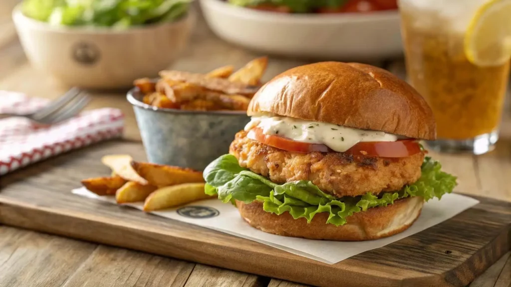 Juicy chicken burger on a toasted bun with fresh toppings and sweet potato fries.