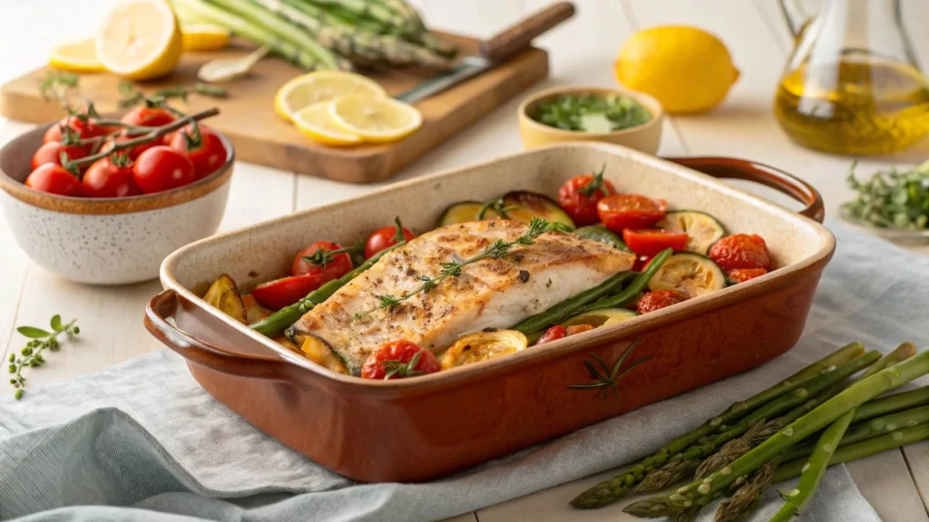 One-dish rockfish baked with vegetables and fresh herbs