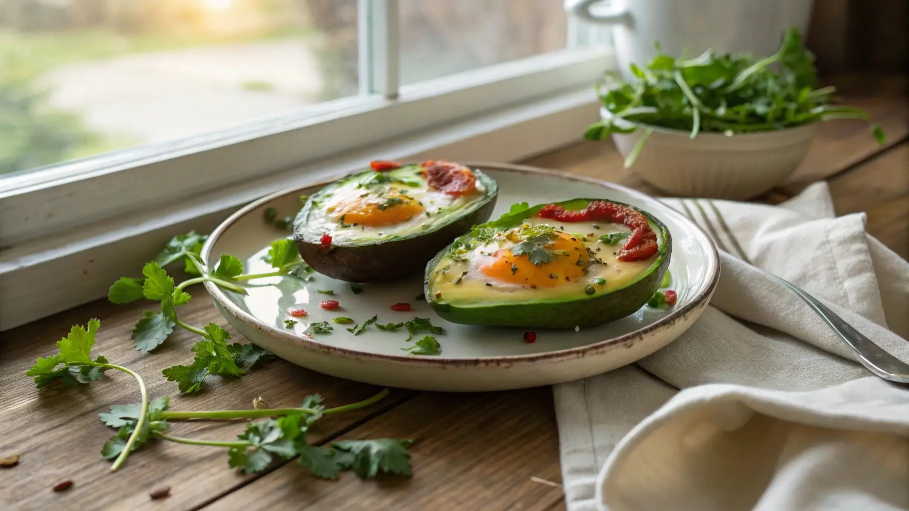 Paleo baked eggs in avocado with fresh herbs on a rustic table