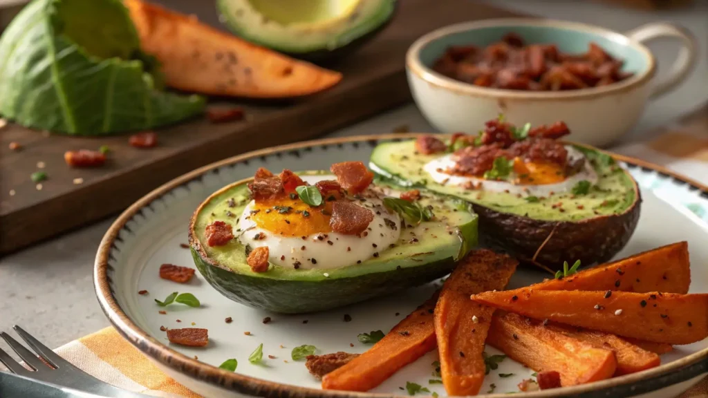 Paleo baked eggs in avocado served with roasted sweet potatoes