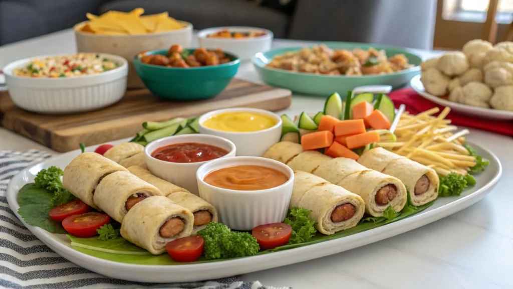 Party platter of Hotdog Roll-Ups with sauces and garnishes.