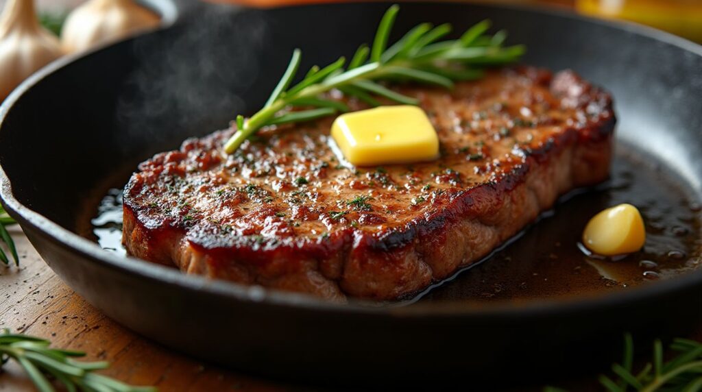 Perfectly seared steak in a cast-iron skillet with garlic and rosemary.