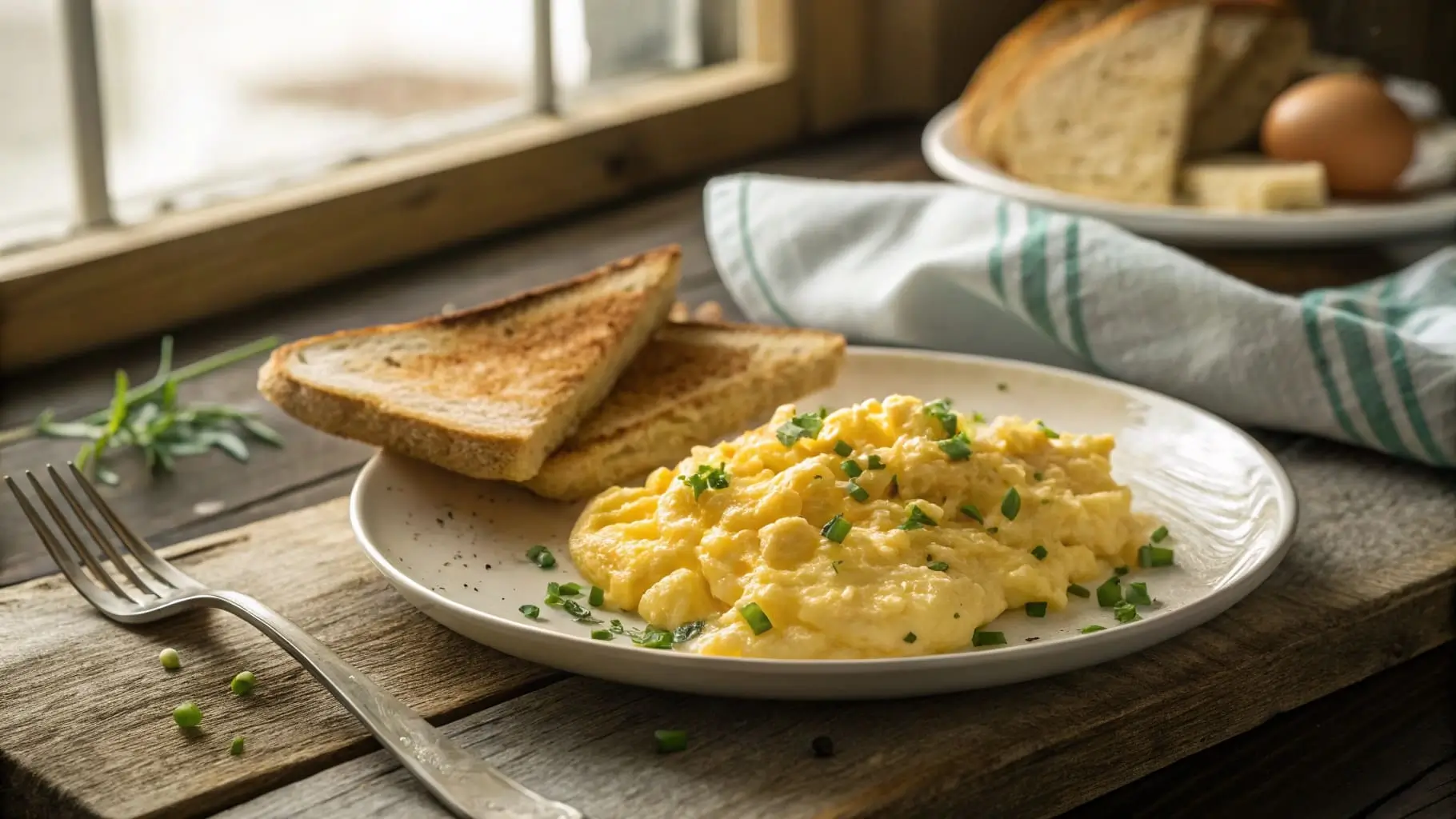 Soft and creamy scrambled eggs served with toast.