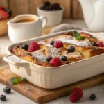 Golden brown French Toast Casserole topped with powdered sugar and fresh berries