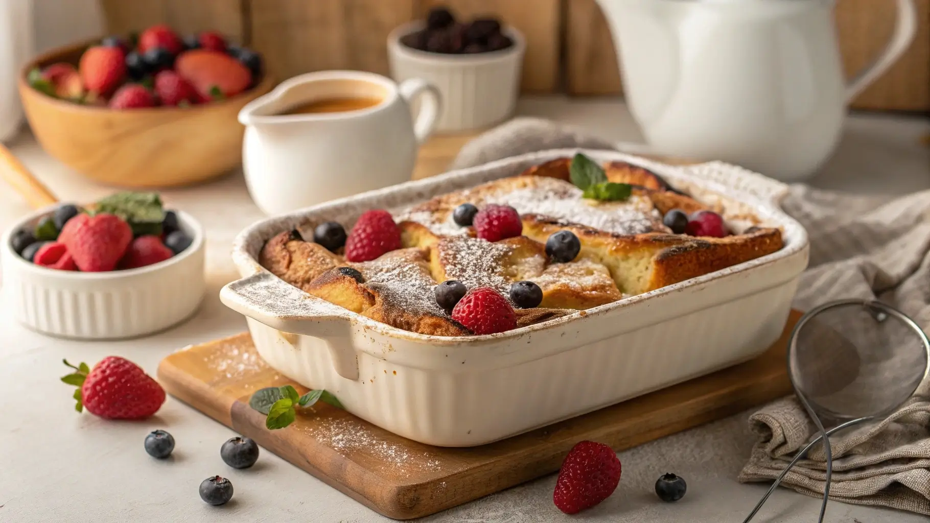 Golden brown French Toast Casserole topped with powdered sugar and fresh berries