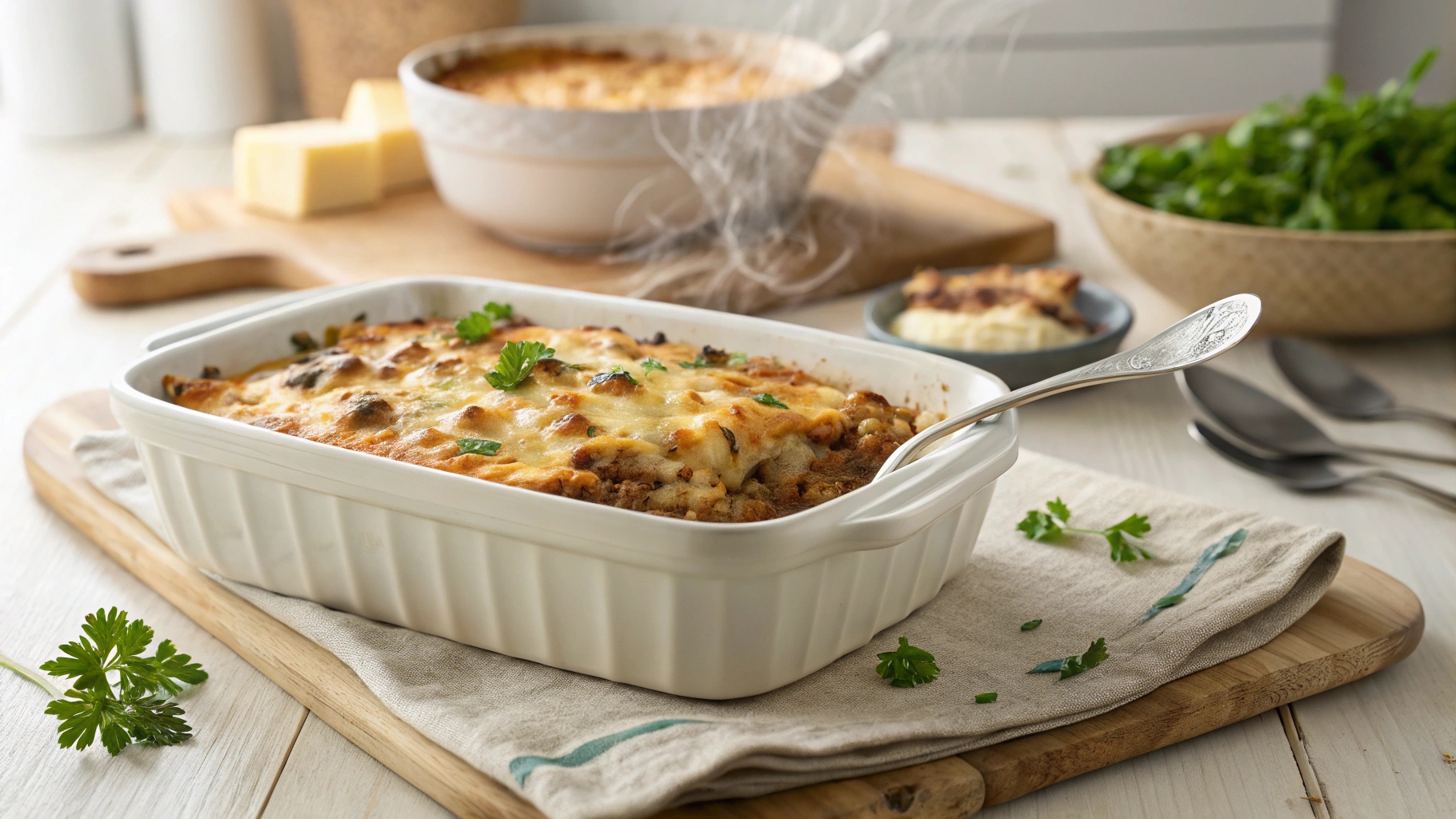 Hamburger Rice Casserole baked in a white dish with melted cheese.