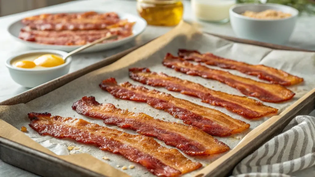 Crispy oven-fried bacon on a baking sheet