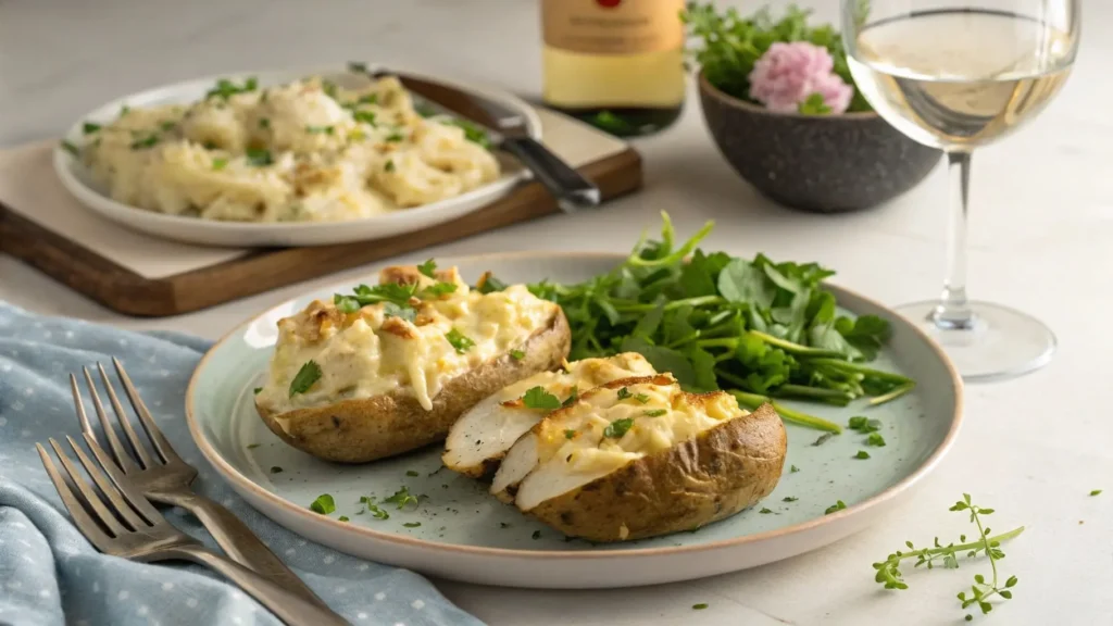 Plated Chicken Alfredo Twice Baked Potato with a salad and wine