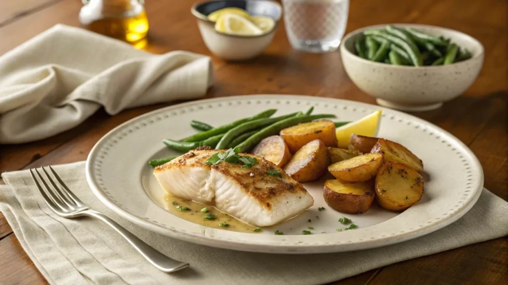 Plated one-dish rockfish with roasted potatoes and green beans.