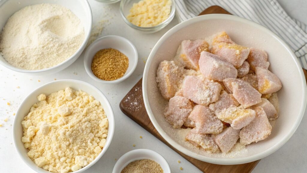 Preparing popcorn chicken with breadcrumbs and buttermilk.