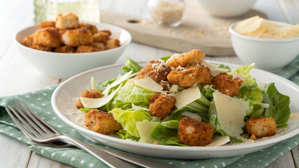 Popcorn chicken on a Caesar salad with lettuce and Parmesan.