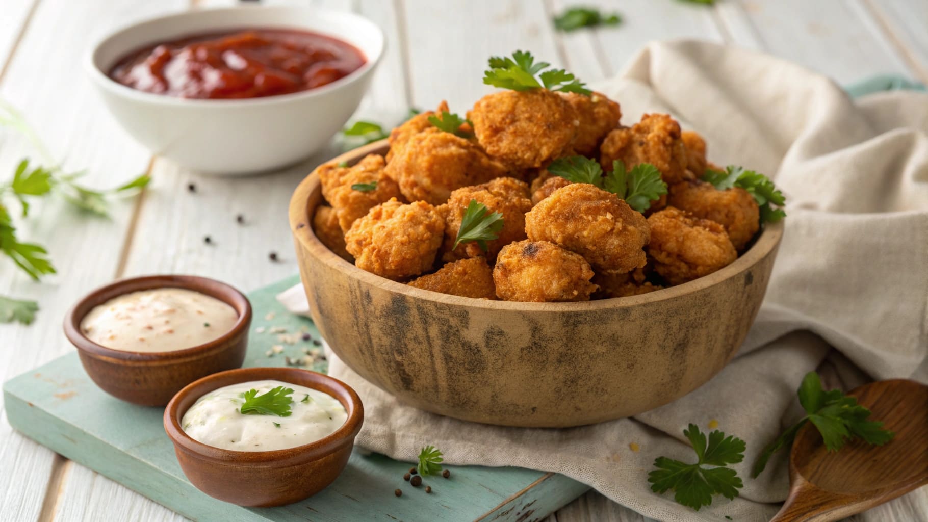 A bowl of golden, bite-sized popcorn chicken served with dipping sauces and garnished with fresh parsley for an inviting presentation.