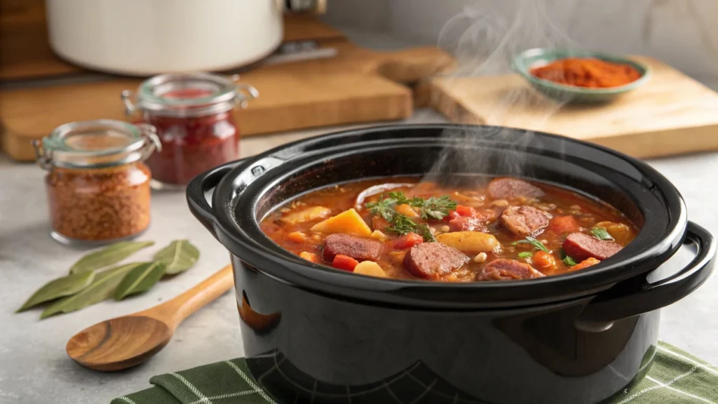 Portuguese Bean Soup simmering in a slow cooker